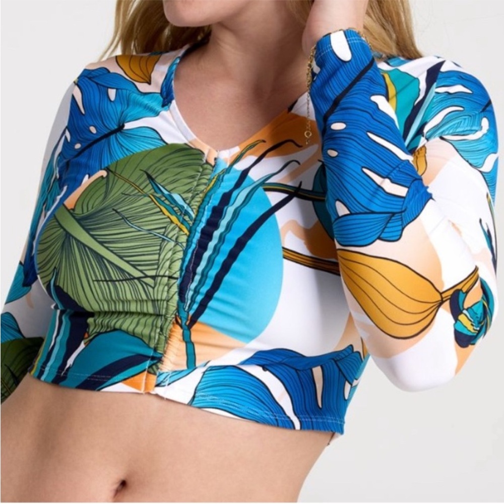 NWT Calia Long‎ Sleeve Ruched Swim Rash-guard Botanical Print **Size Small**